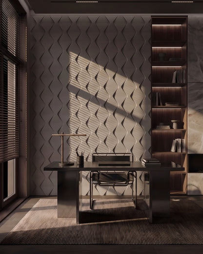 Kandes ROMBO 0118 gypsum 3D wall panels in a sunlit home office with desk and shelving