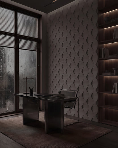 ROMBO 0118 gypsum 3D wall panels in a home office with rain on the window