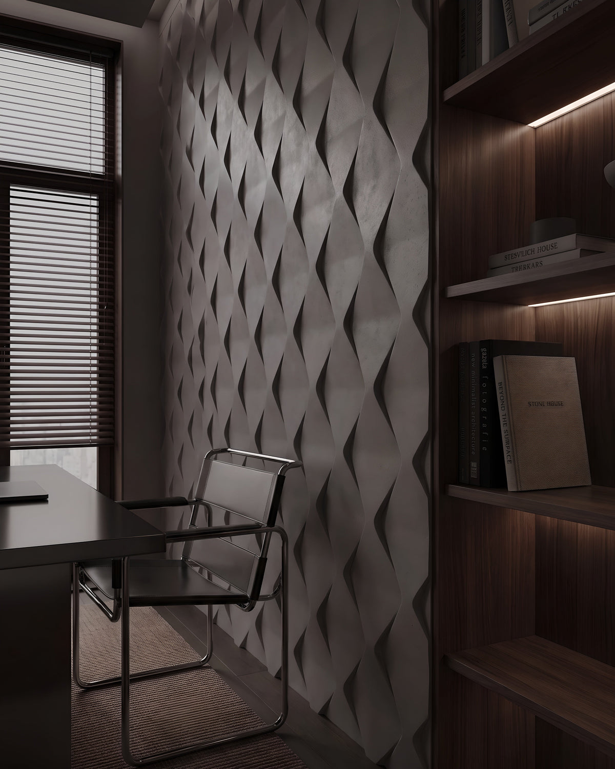 ROMBO 0118 gypsum 3D wall panels at an angle beside walnut shelving