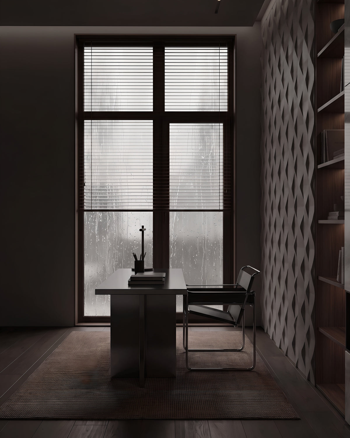 ROMBO 0118 gypsum 3D wall panels in a home office beside a rain covered window