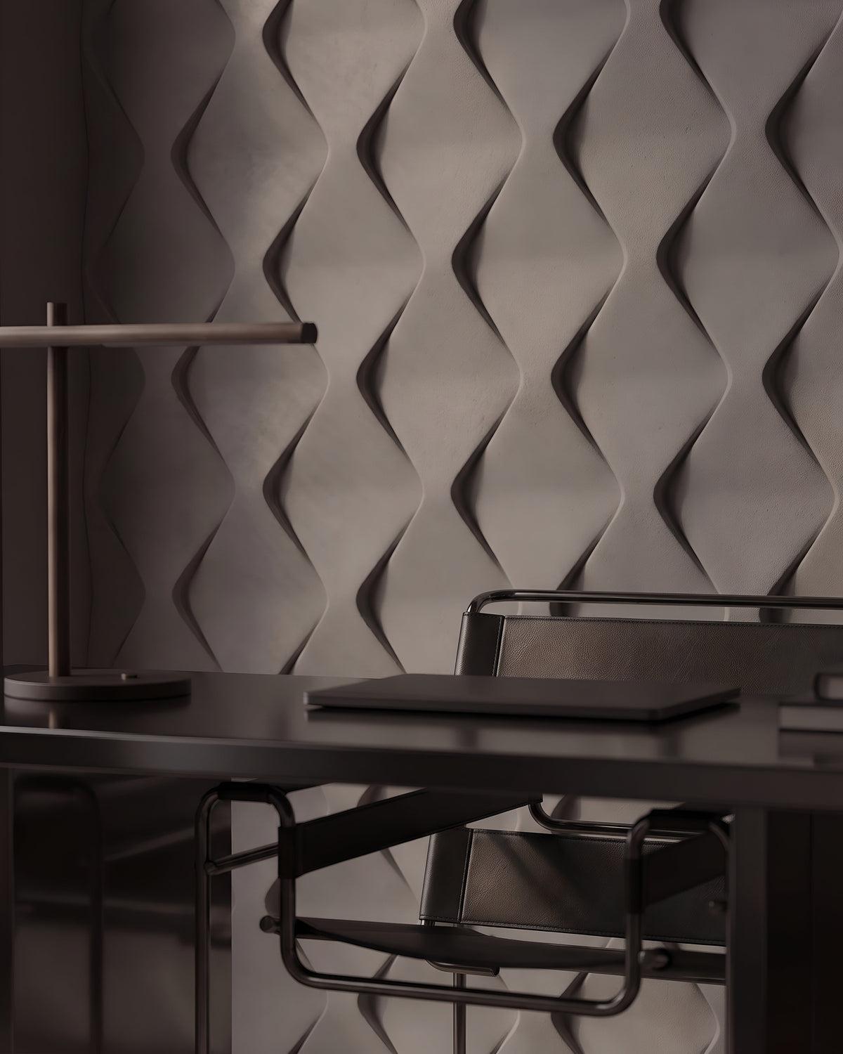 ROMBO 0118 gypsum 3D wall panel detail behind a desk with table lamp