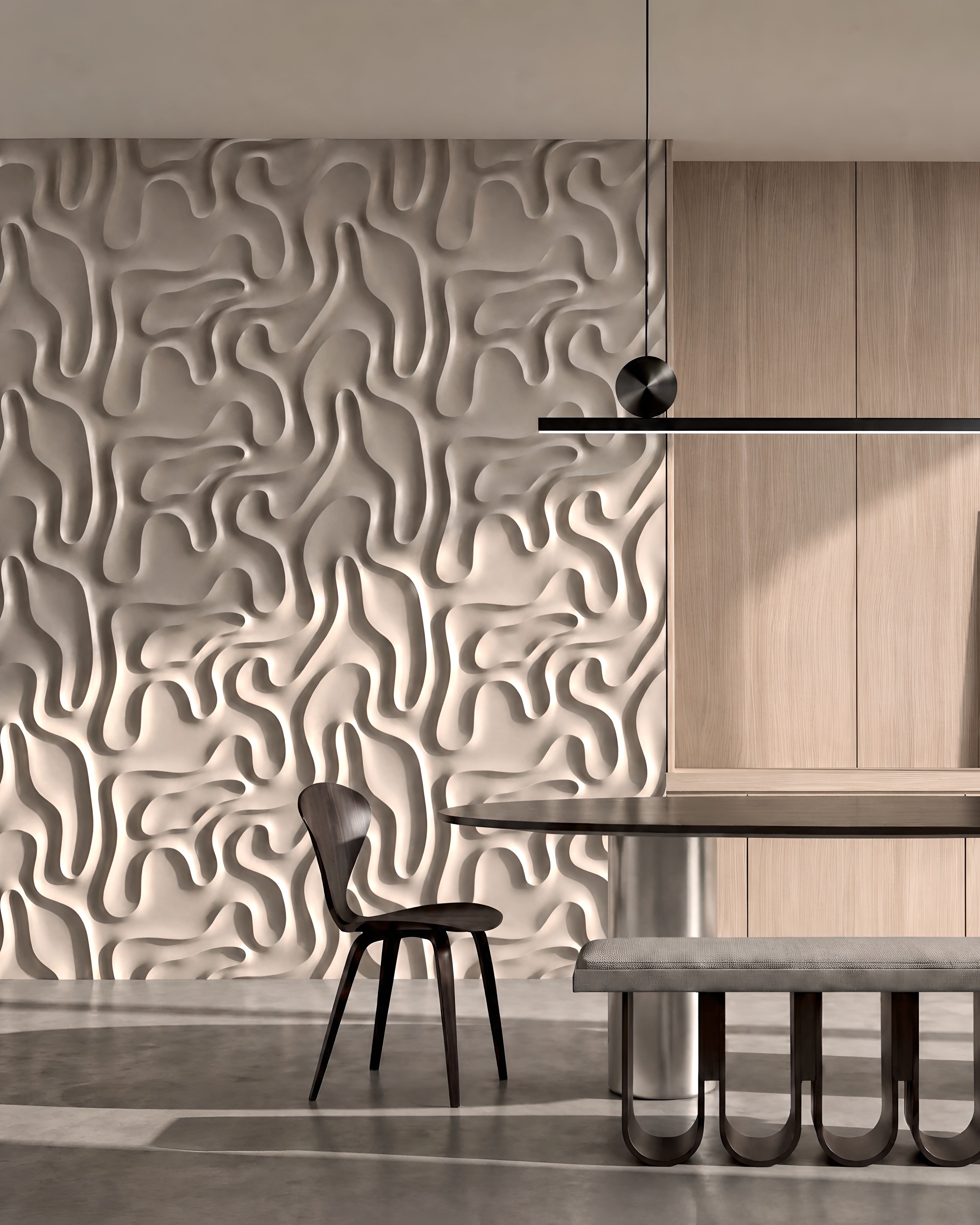 Kandes MYSTIC 0136 gypsum 3D wall panels on a dining room feature wall in warm daylight