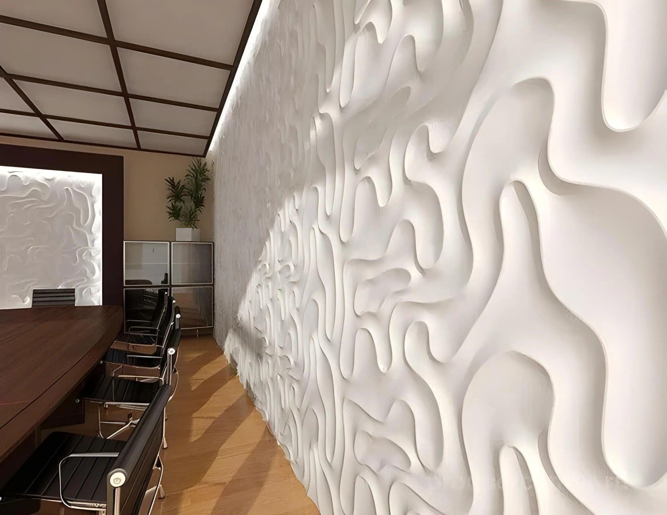 Pannello 3D in gesso a onde, qualità svizzera, sala riunioni con parete d'accento bianca