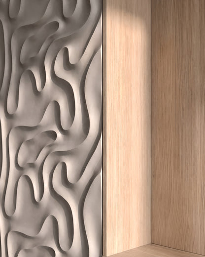 MYSTIC 0136 gypsum 3D wall panel relief meeting light oak wall panelling