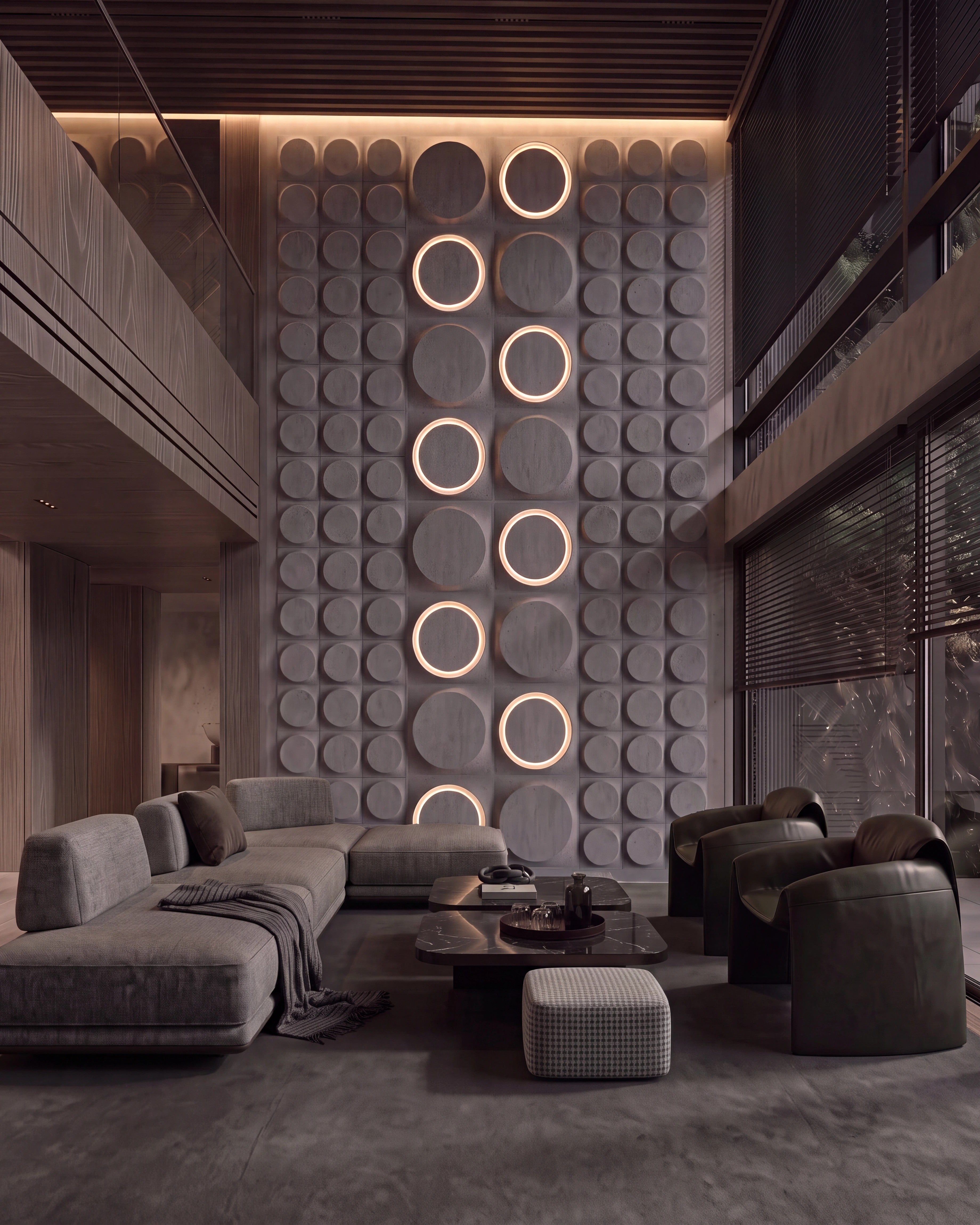 Kandes COSMIC 0212 LED gypsum 3D wall panels with halo rings on a living room feature wall at dusk