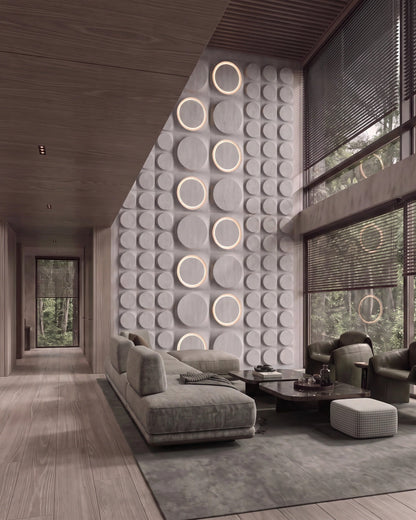 Kandes COSMIC 0412 gypsum 3D wall panels in medium format on a daylight living room wall