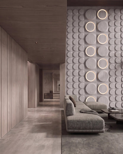 COSMIC 0412 gypsum 3D wall panel relief in two disc sizes, daylight close view